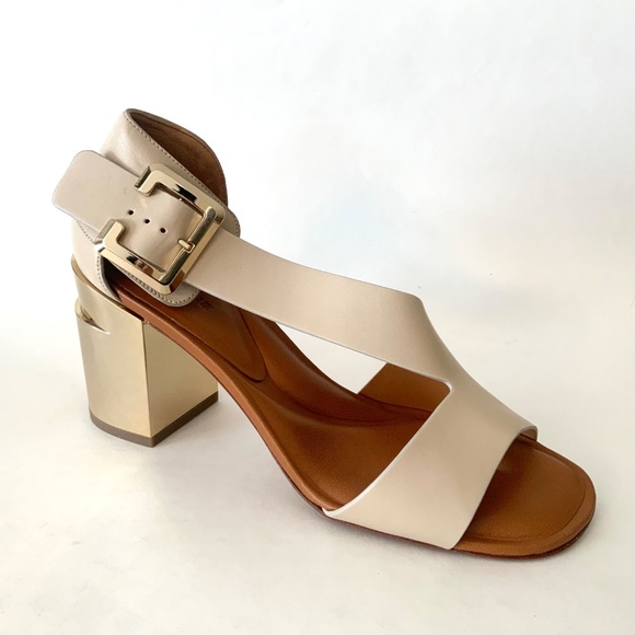 CLERGERIE Women's Beige Leather Abstract Gold Block-Heel Sandals Open toe Pumps - Picture 14 of 16